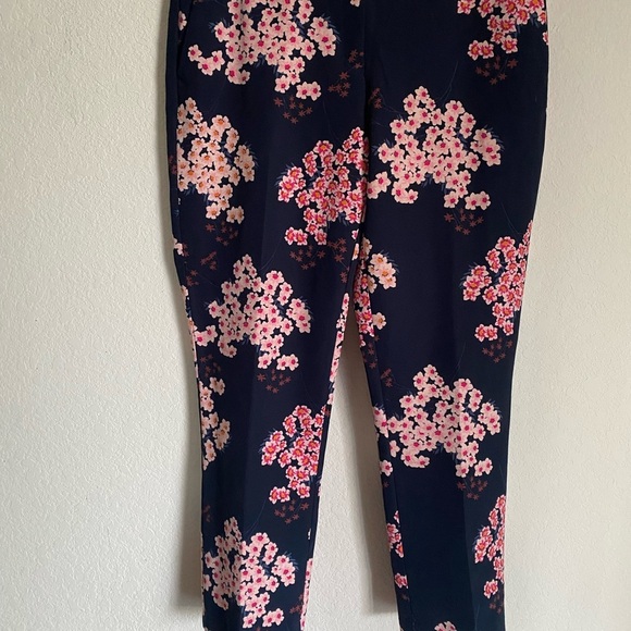 Grayson Navy Blue Pink Cherry Blossom Print Straight Ankle Leg Workwear Pants L - Picture 2 of 11